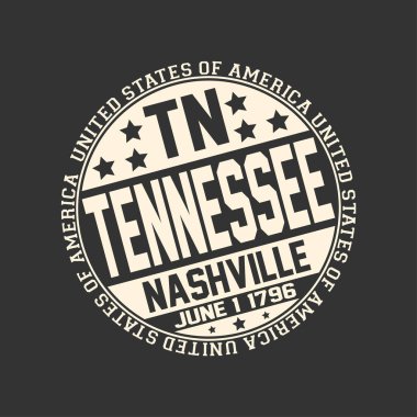 Türkçedeki Tn, devlet adı Tennessee, sermaye Nashville ve tarihi ile siyah arka plan üzerine dekoratif damga etrafında metin Amerika Birleşik Devletleri ile 1 Haziran 1796 bir devlet haline.