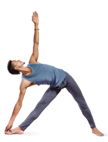 Genç adam beyaz izole yoga yaparken — Stok fotoğraf