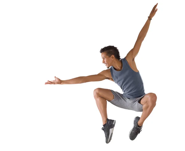 Young man jumping isolated on white — Stock Photo, Image