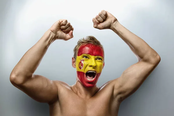 Emotional Football Fan Spain Flag Painted His Face Gray Background — Stock Photo, Image
