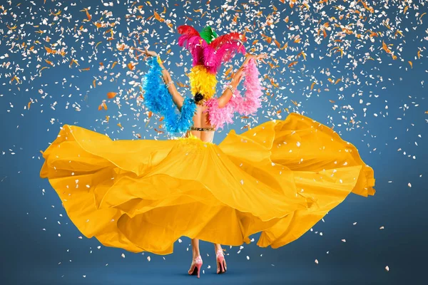 Piękny Karnawał Noc Tancerka Samba Noszenie Piór Kostium — Zdjęcie stockowe