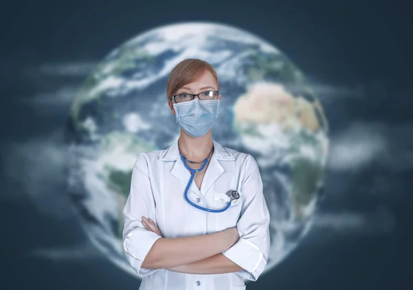 Concept Medical Doctors Fighting Global Pandemic Virus Portrait Young Woman — Stock Photo, Image