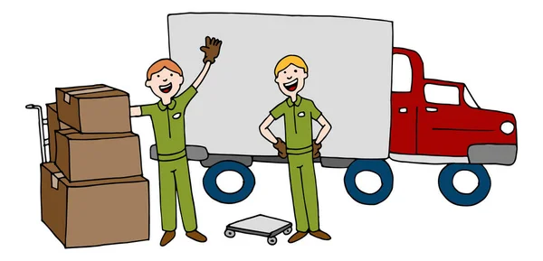 Equipe de desenhos animados da empresa móvel com caminhão e caixas — Vetor de Stock