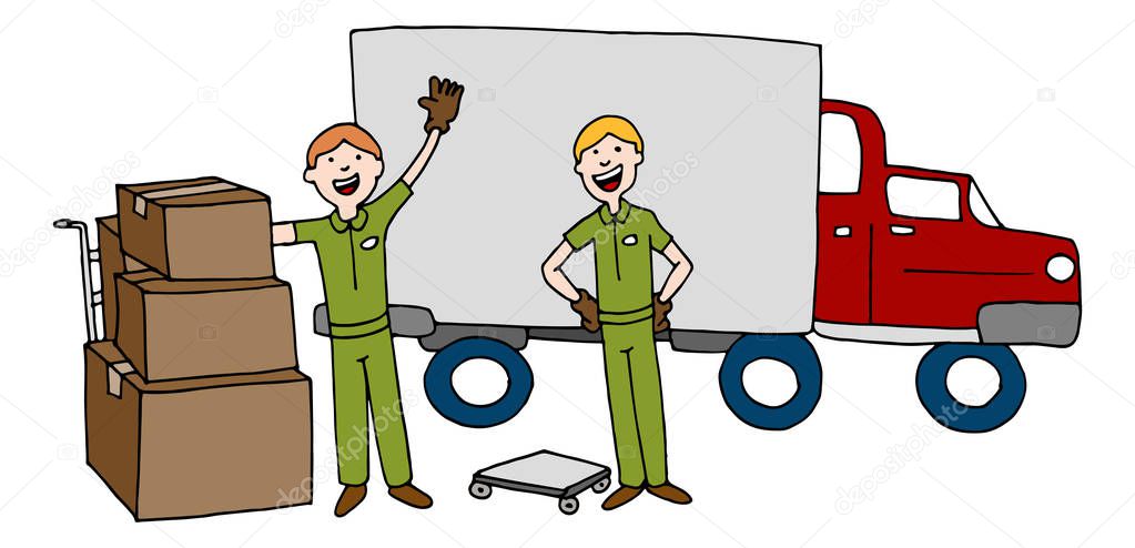 Moving Company Cartoon Team With Truck and Boxes