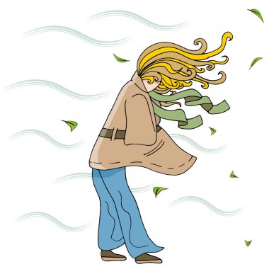 Woman Walking Outside on a Windy Day Cartoon clipart