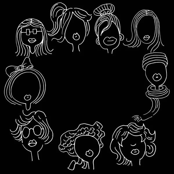 Faces of Sylish Young Fashion Women Blackboard Doodles Vector Graphics