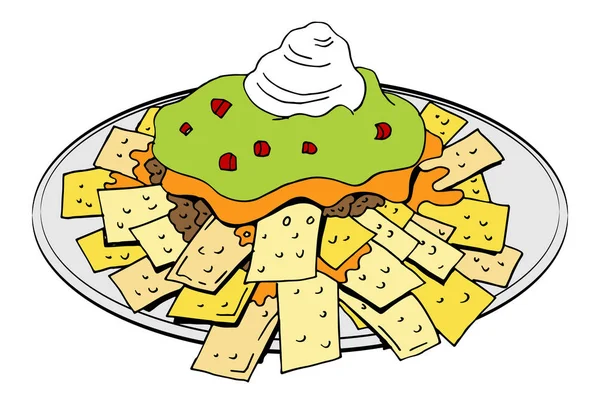 Nachos πιάτο τυρί Guacamole ξινή κρέμα — Διανυσματικό Αρχείο