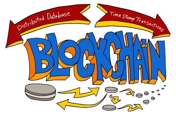 Blockchain technologie tekst tekening — Stockvector