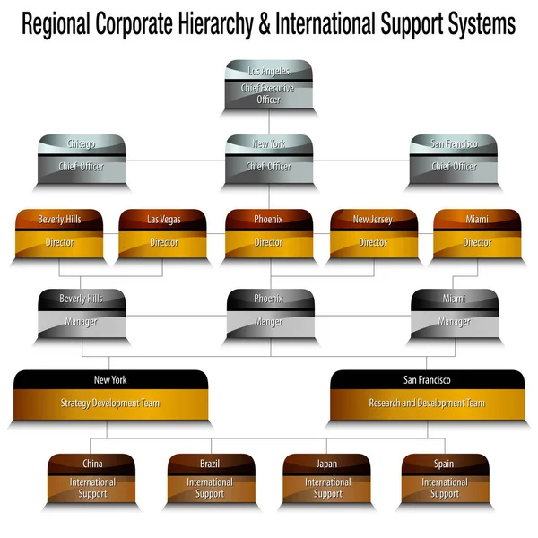 Jerarquía corporativa regional metálica y apoyo internacional — Vector de stock