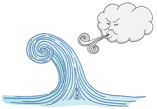 Nuage soufflant le vent Vague marémotrice Dessin animé — Image vectorielle