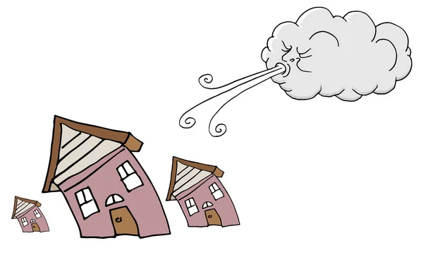 Casas de dia ventoso e nuvem soprando vento —  Vetores de Stock