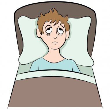 Adam karikatür uyumaya çalışıyor uykusuzluk