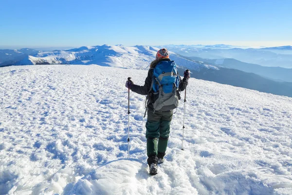 Der Tourist mit großem Rucksack und Wanderstöcken. — Stockfoto