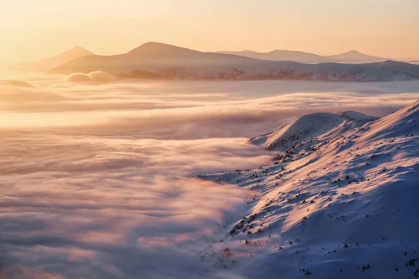 高い山、朝の霧と美しい日の出と風景。オレンジの空冬の風景。壁紙の背景。場所カルパティア,ウクライナ,ヨーロッパ. — ストック写真
