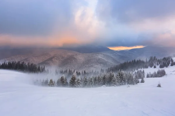 Fantastic sunrise illuminates the mountain, forest and horizon. Snowy winter morning. Amazing sky with orange cloud. Wallpaper background. Location place Carpathian, Ukraine, Europe. — 스톡 사진