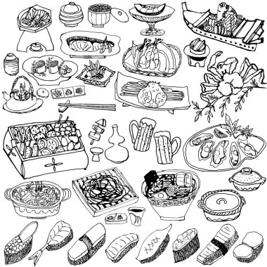 Japon gıdalar. çizilmiş resimler el.