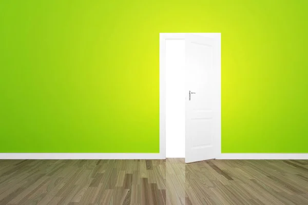 Grön Vägg Med Öppen Dörr Och Ljus Möjlighet — Stockfoto