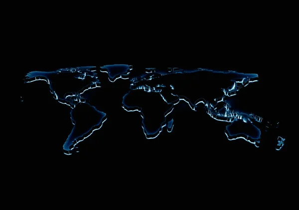 黑色背景上的世界地图蓝色光芒 — 图库照片
