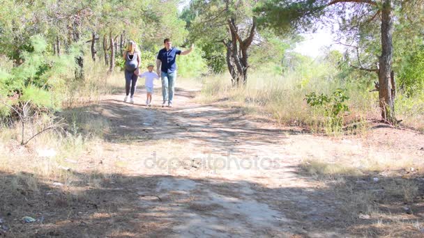 Eine glückliche Familie. Schwangere Mutter mit Sohn und Vater gehen gemeinsam im Wald spazieren — Stockvideo