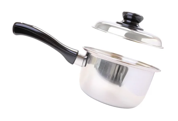 Side black handle round stainless pot with floating cover on white background. — Stock Photo, Image