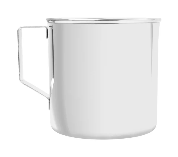 Open stainless cup with handle on white background. — Stock Photo, Image