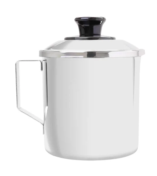 Chiudi tazza inox con manico su sfondo bianco . — Foto Stock