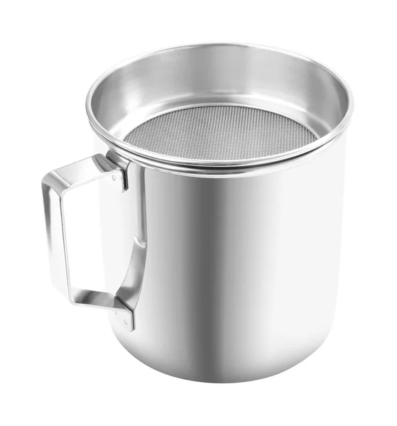Upper handle open stainless gutter cup with filter on white background. — Stock Photo, Image