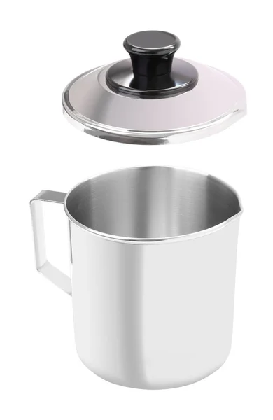 Wide stainless gutter cup with open cover on white background. — Stock Photo, Image
