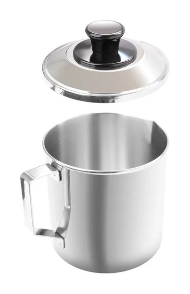 Maniglia tazza grondaia in acciaio inox con coperchio aperto su sfondo bianco . — Foto Stock