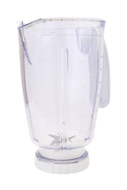 Beyaz arka plan üzerinde köşe plastik blender kabı.