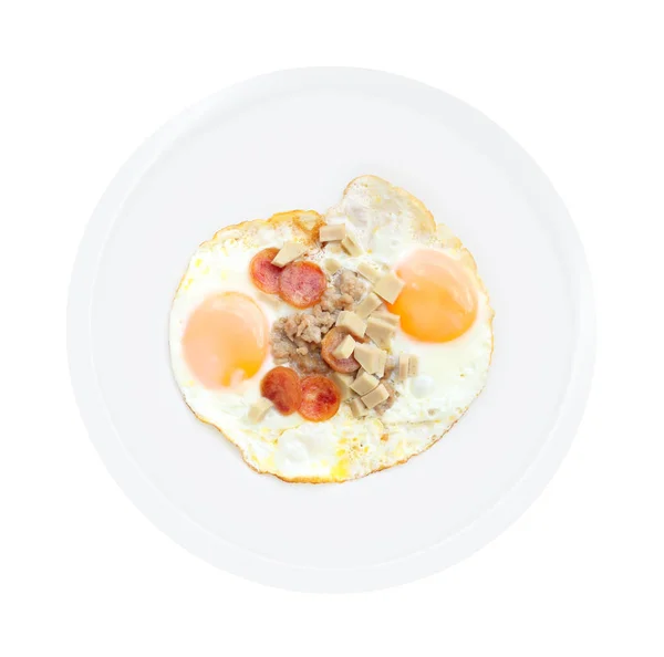 Double Fried Eggs Slice Pork Sausage White Dish — Stock Photo, Image