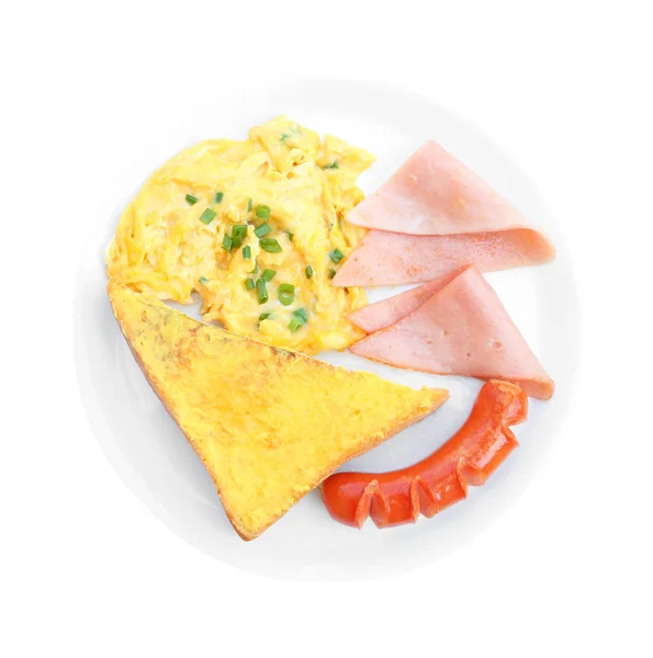 Breakfast Scrambled Egg Sausage Toast Bread Dish — Stock Photo, Image