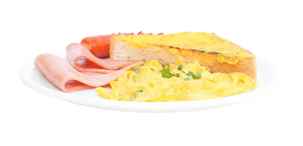 Side Breakfast Scrambled Egg Sausage Toast Bread Dish — Stock Photo, Image