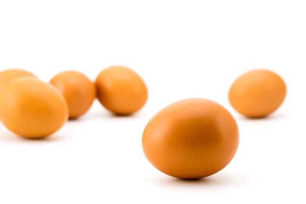 Ovos de galinha espalhados no branco — Fotografia de Stock