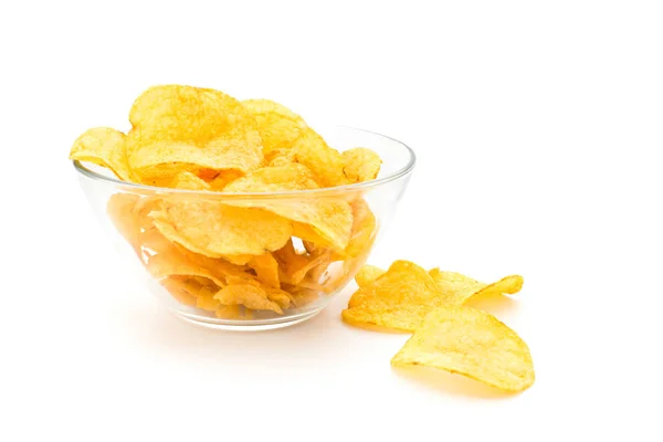 Potato chips in bowl on white — Stock Photo, Image