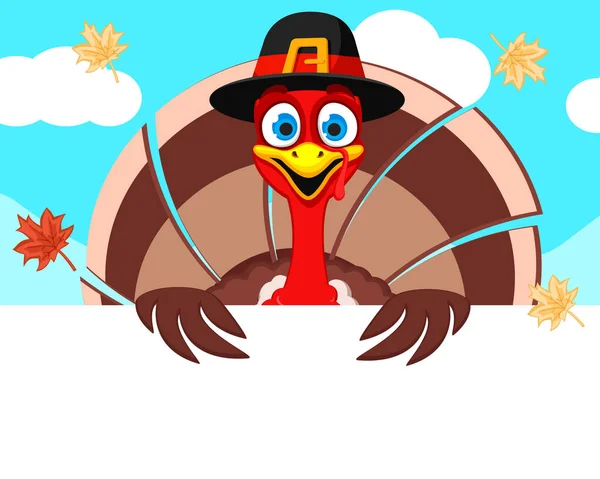 Turkey in a hat looks out from behind a white shield, a place for text. Thanksgiving day — Stock Vector