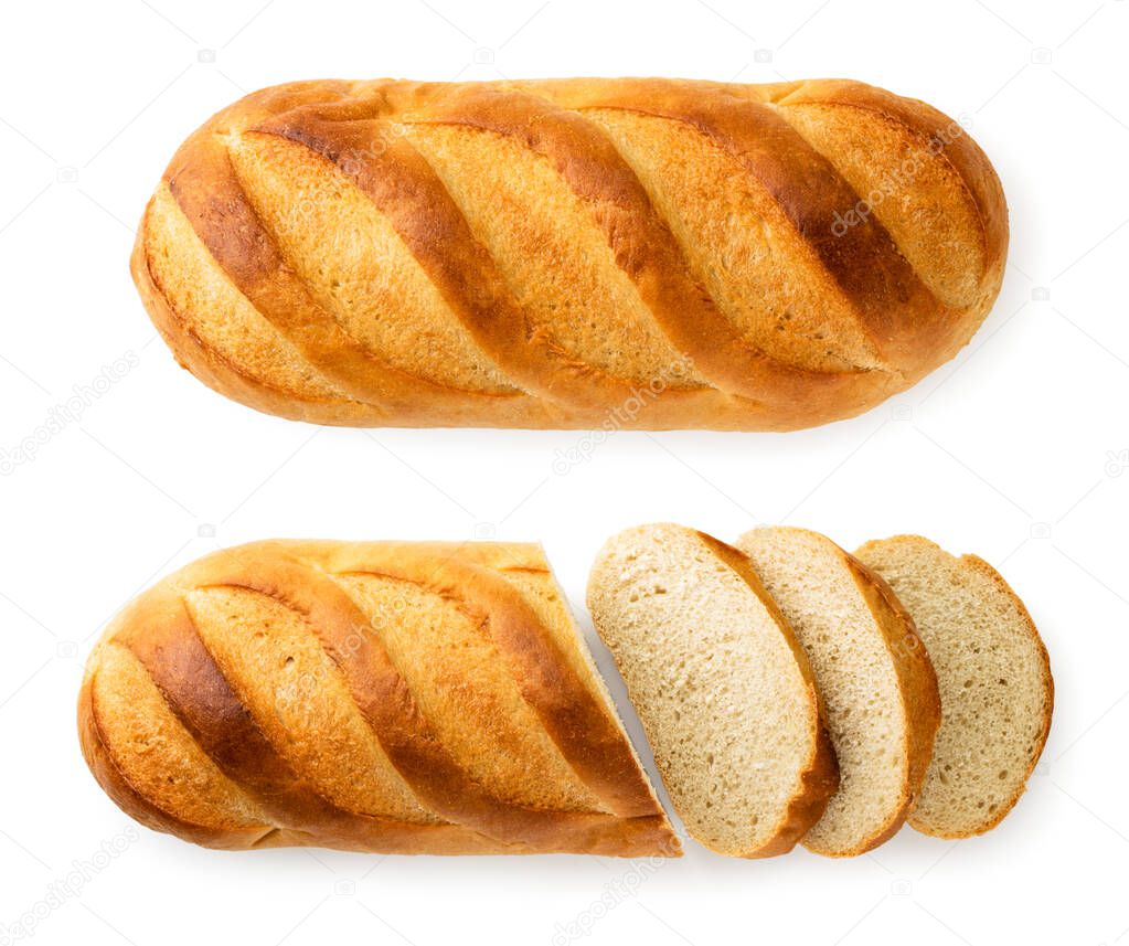 Two loaves of bread and sliced on a white. The view of the top.