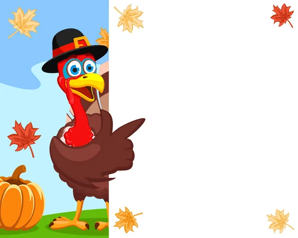 Turkey in a hat points a wing to a white sheet, a place for text. Thanksgiving day. — Stock Vector