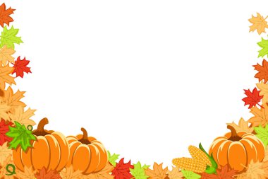 Sonbahar yaprakları, balkabakları ve mısır. Şükran Günü arkaplanı, metin için yer.