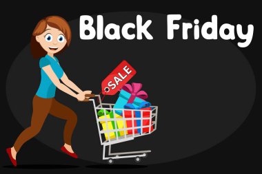 Kadın elinde hediye arabasıyla siyah bir arabaya koşuyor, mesaj atmak için. Kara Cuma indirimi