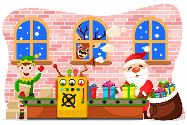 Produção de brinquedos de Natal. Papai Noel coloca presentes em um saco, o elfo entrega espaços em branco e o veado olha na janela . —  Vetores de Stock