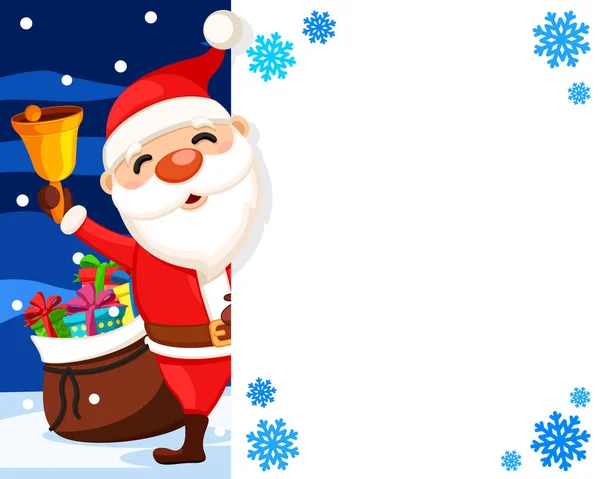 Babbo Natale sventola una campana da dietro uno scudo bianco, un luogo per il testo. Natale! — Vettoriale Stock