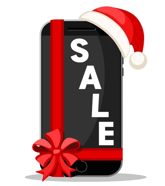 Smartphone con lazo rojo y sombrero de Santa Claus en un blanco. Ventas de Navidad — Vector de stock