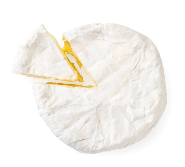 Сыр с белой плесенью, вырезать треугольник на белом фоне. Вид сверху . — стоковое фото