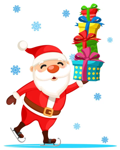 Babbo Natale sta pattinando e tenendo in mano scatole regalo, su uno sfondo bianco. Natale! — Vettoriale Stock