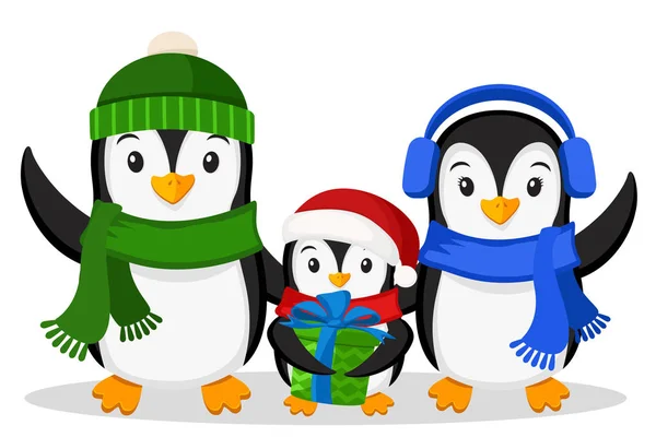 Famiglia di pinguini e il piccolo pinguino con un regalo su sfondo bianco. Personaggi di Natale — Vettoriale Stock
