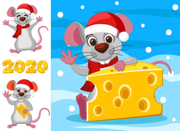 Set Maus mit Käse auf winterlichem Hintergrund und isoliert. Weihnachten — Stockvektor