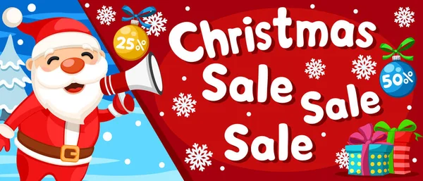 Santa Claus está gritando en megáfono unas ventas navideñas. Banner de Navidad — Vector de stock