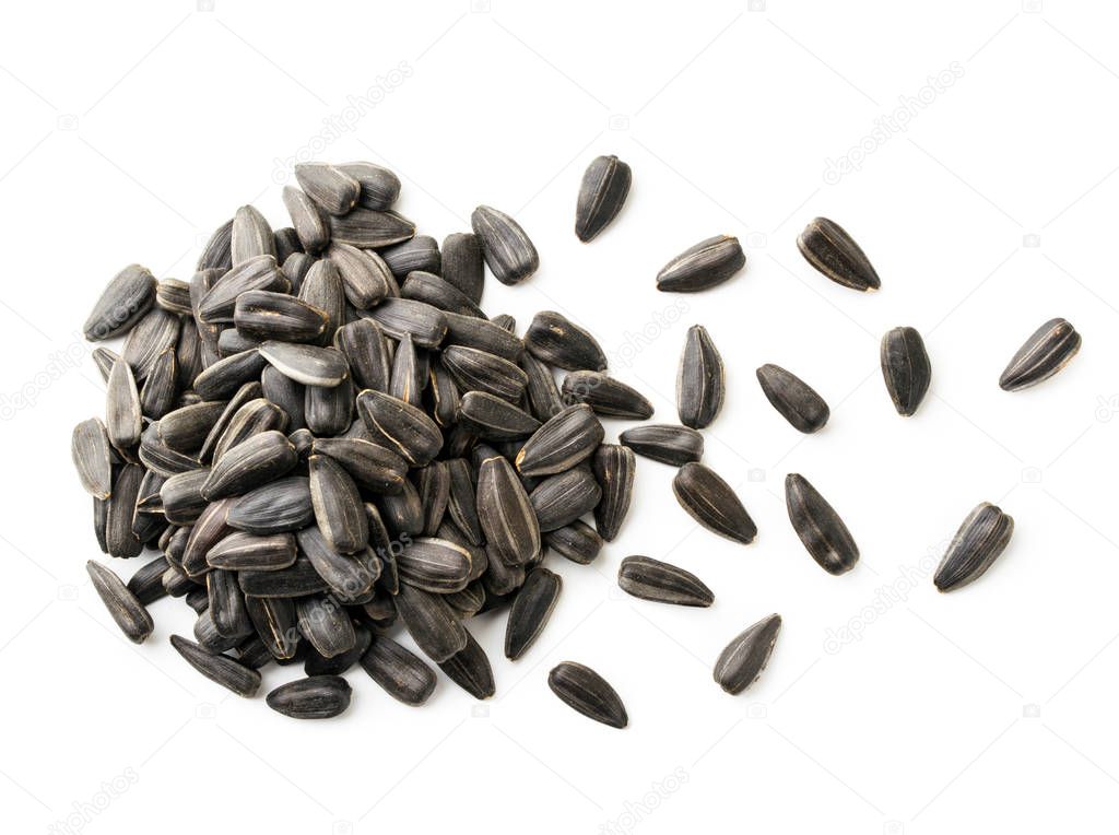 Pile of sunflower seeds and scattered grains on a white background. The view of the top