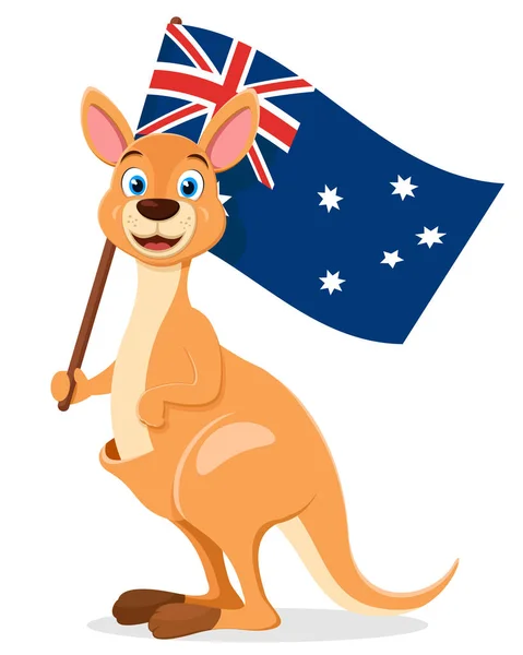 Kangaroo holds the flag of Australia on a white background. Character, Australia day — 스톡 벡터